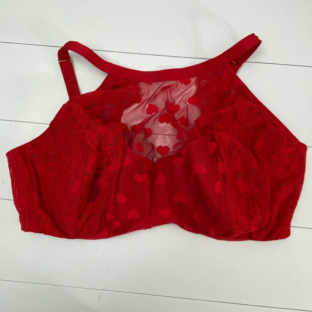 Cacique Heart Lace Lightly Lined French Balconette Bra Womens 44F Red High Neck